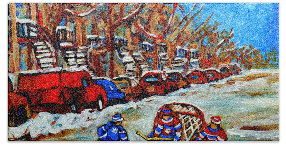 Montreal Beach Towel featuring the painting Street Hockey Row Houses Goalie Makes The Save Verdun Montreal Hockey Art Carole Spandau by Carole Spandau