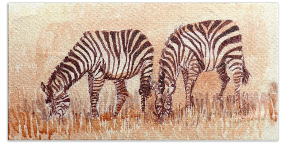 Animal Art Beach Towel featuring the painting Stripe Buddies by Sarabjit Singh