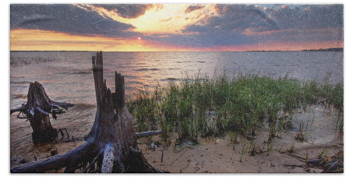Alabama Beach Towel featuring the photograph Stumps and Sunset on Oyster Bay by Michael Thomas