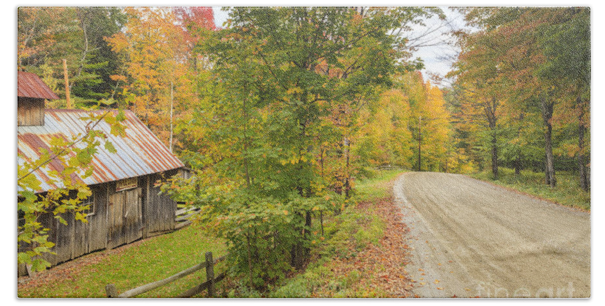 New England Beach Towel featuring the photograph Sugar shack and gravel road in rural Vermont Autumn by Ken Brown