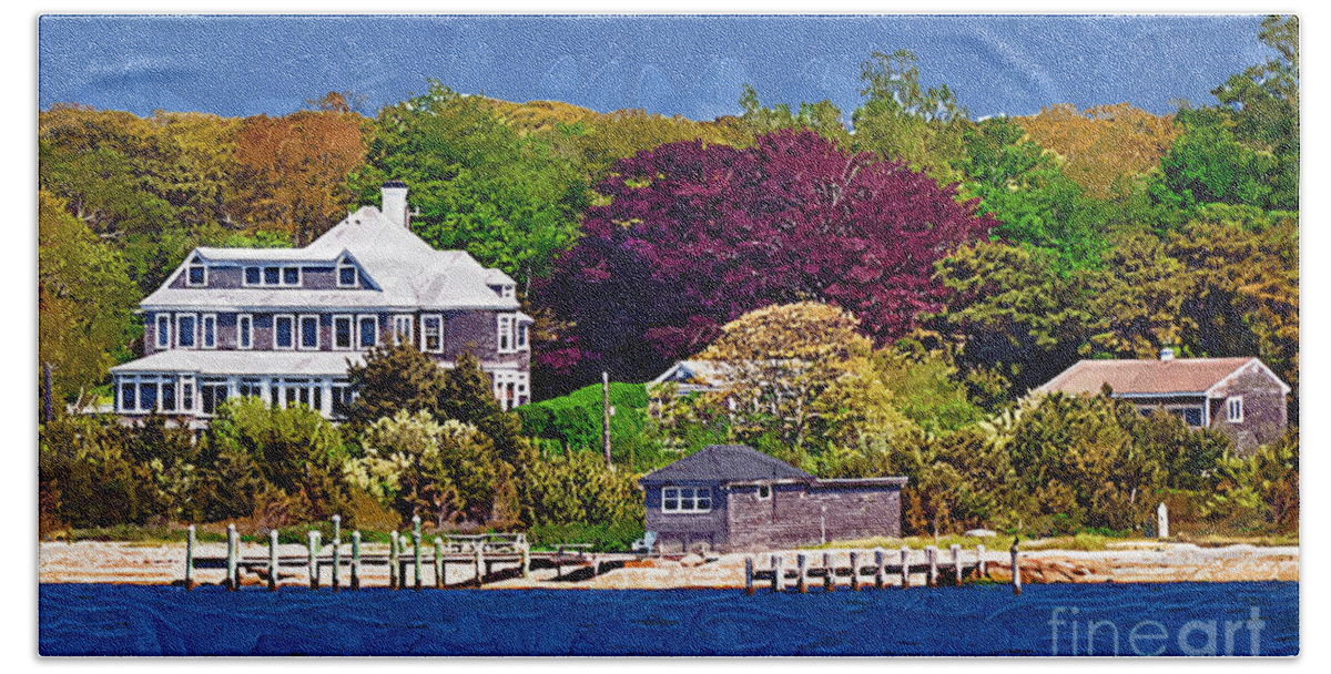 New England; Beach; Coastal; Shoreline; Summer Homes; Houses; Docks; Sea; Ocean; Marthas Vineyard; Trees; Nature; Natural; Kirt Tisdale Beach Towel featuring the painting Summer at the Shore by Kirt Tisdale