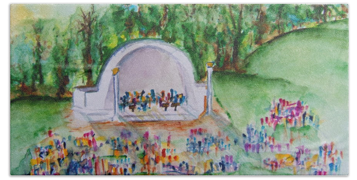 Devou Park Beach Sheet featuring the painting Summer Concert in the Park by Elaine Duras
