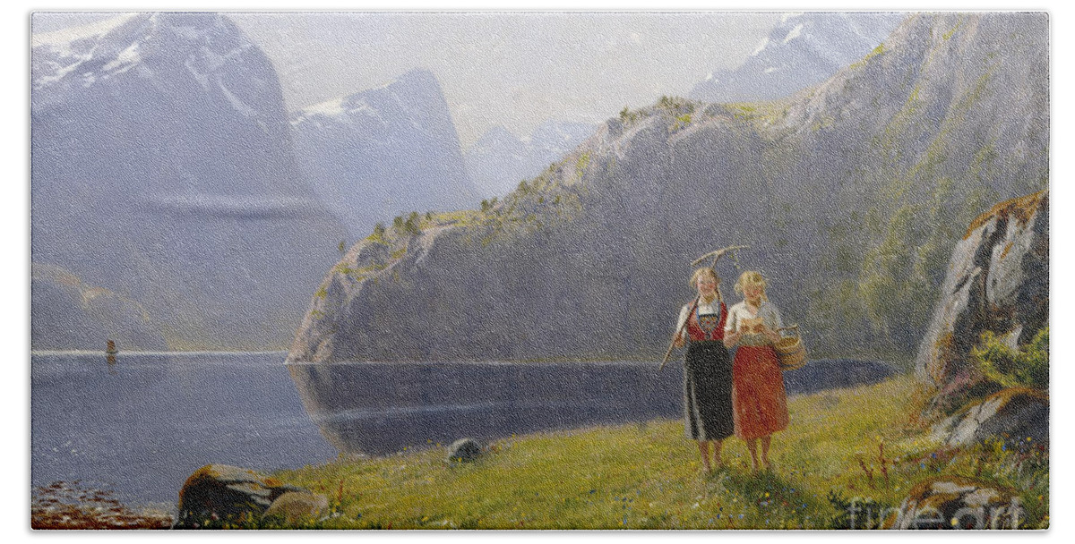 Hans Dahl Beach Towel featuring the painting Summer day at Balestrand by Hans Dahl