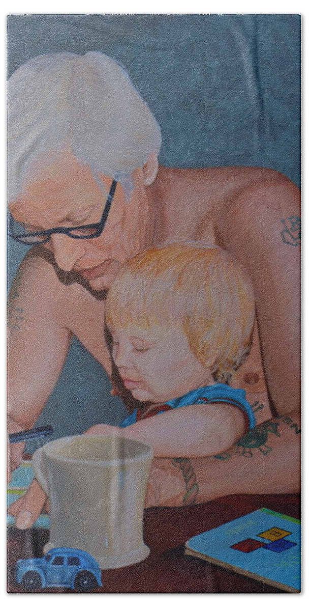 Father And Son Beach Towel featuring the painting Sunday Paper by AnnaJo Vahle