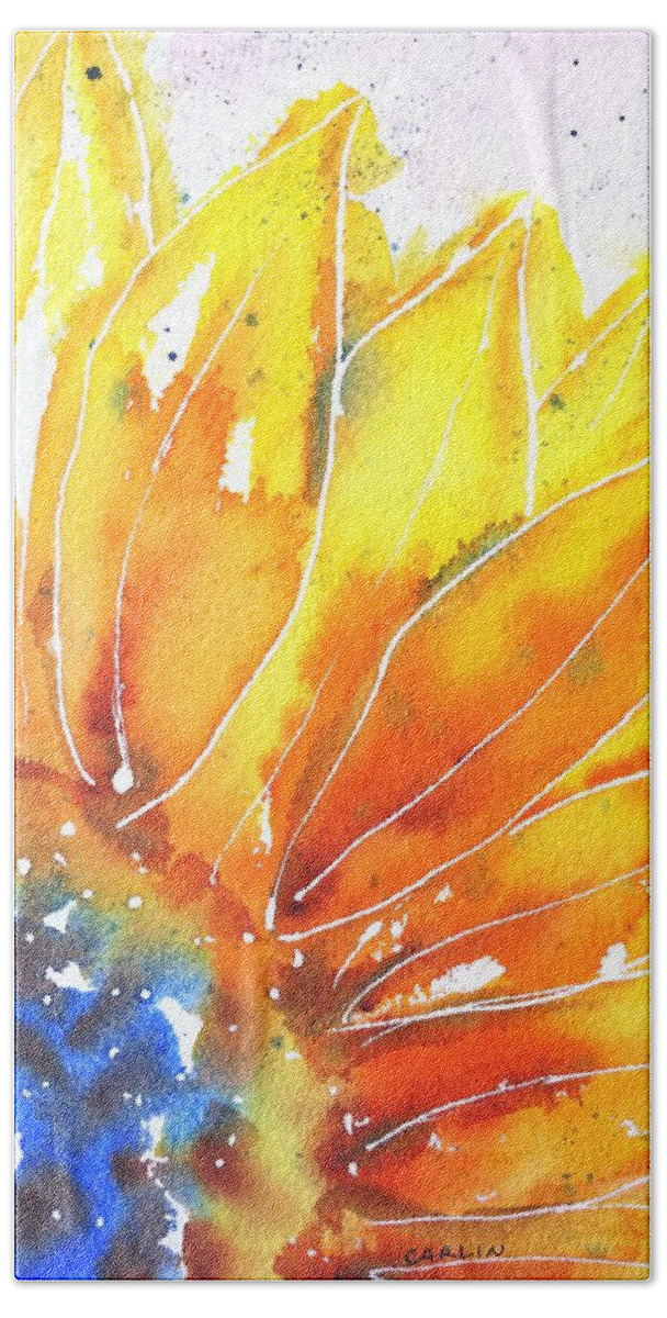 Sunflower Beach Towel featuring the painting Sunflower Blue Orange and Yellow by Carlin Blahnik CarlinArtWatercolor