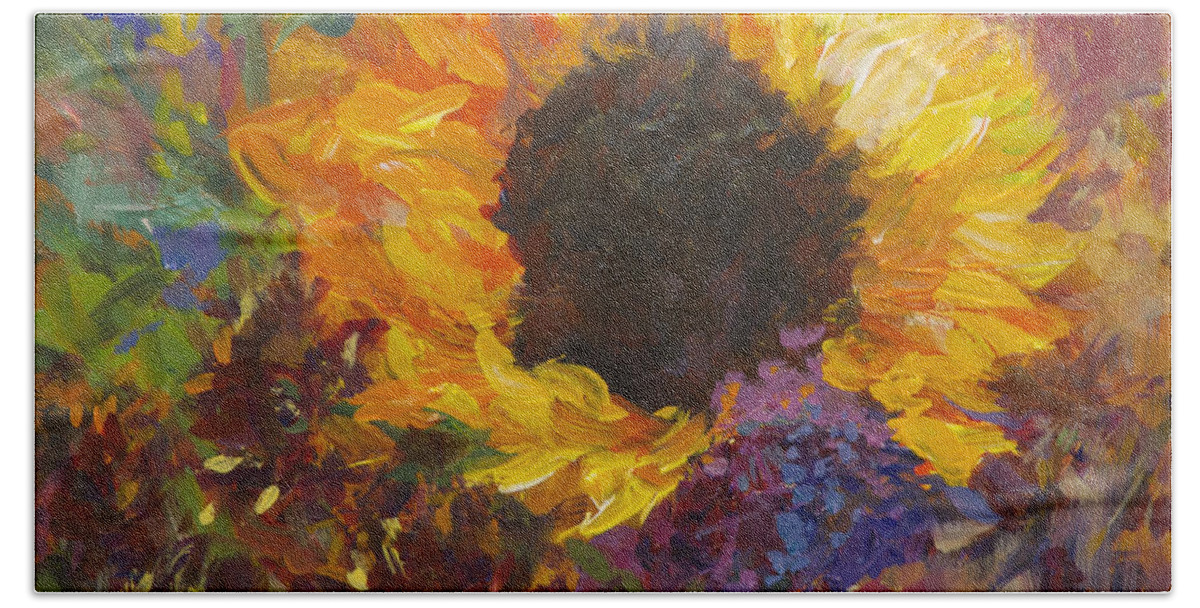 Sunflower Beach Sheet featuring the painting Sunflower Dance Original Painting Impressionist by Quin Sweetman