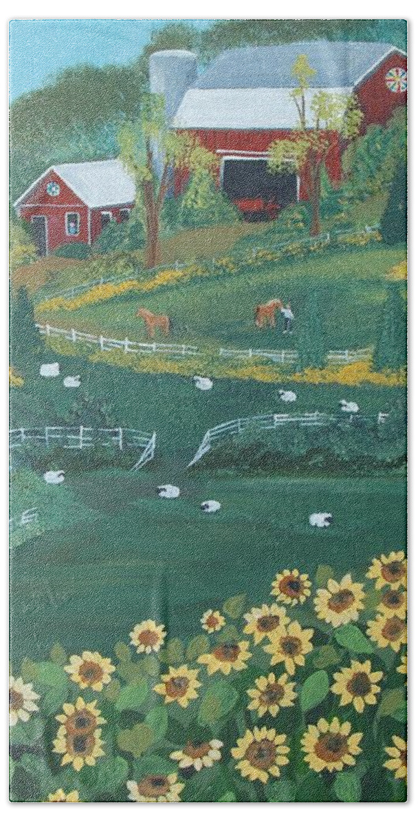 Landscape Beach Sheet featuring the painting Sunflower Farm by Virginia Coyle