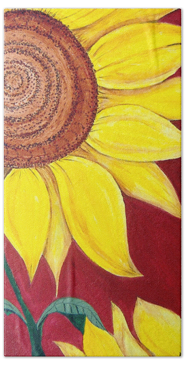 Sunflower Beach Sheet featuring the painting Sunflower on Red by Lee Owenby