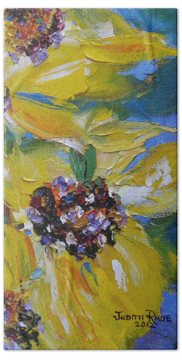 Sunflowers Beach Sheet featuring the painting Sunflower Quartet by Judith Rhue
