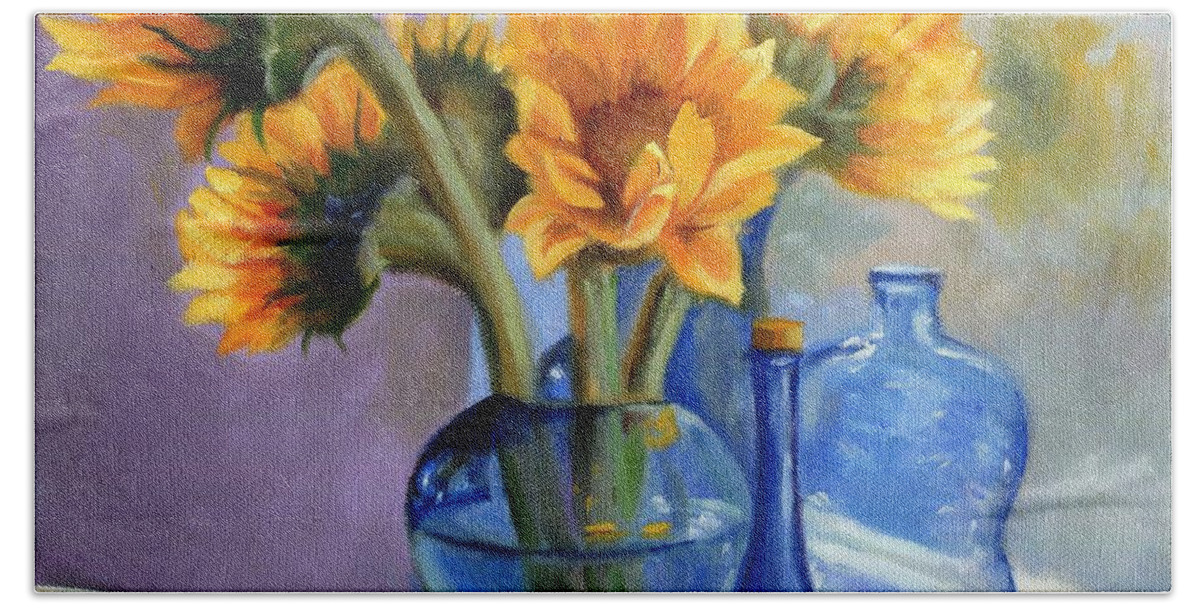 Still Life Beach Sheet featuring the painting Sunflowers and Blue Bottles by Marlene Book