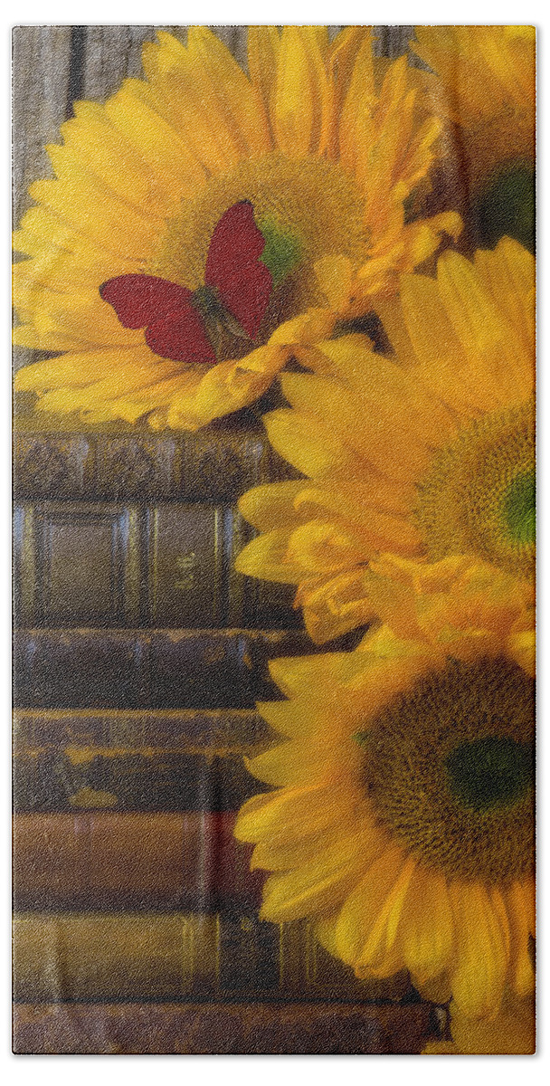Sunflowers Beach Sheet featuring the photograph Sunflowers and old books by Garry Gay