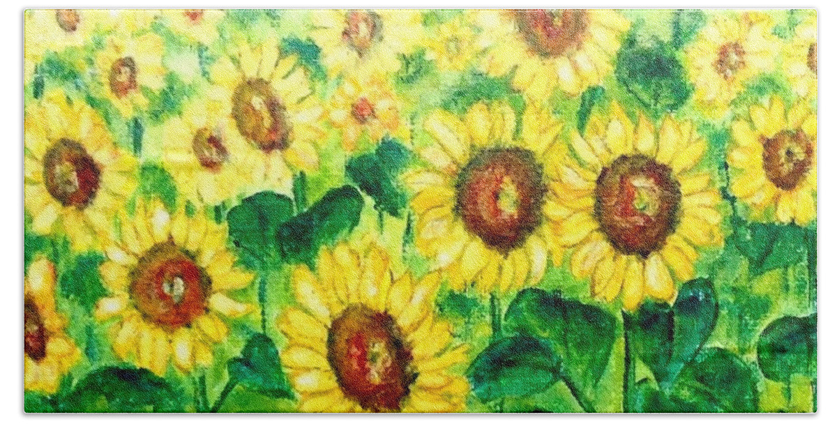 Painting Beach Towel featuring the painting Sunflowers by Cristina Stefan
