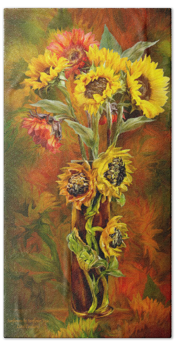 Sunflowers Beach Towel featuring the mixed media Sunflowers In Sunflower Vase by Carol Cavalaris