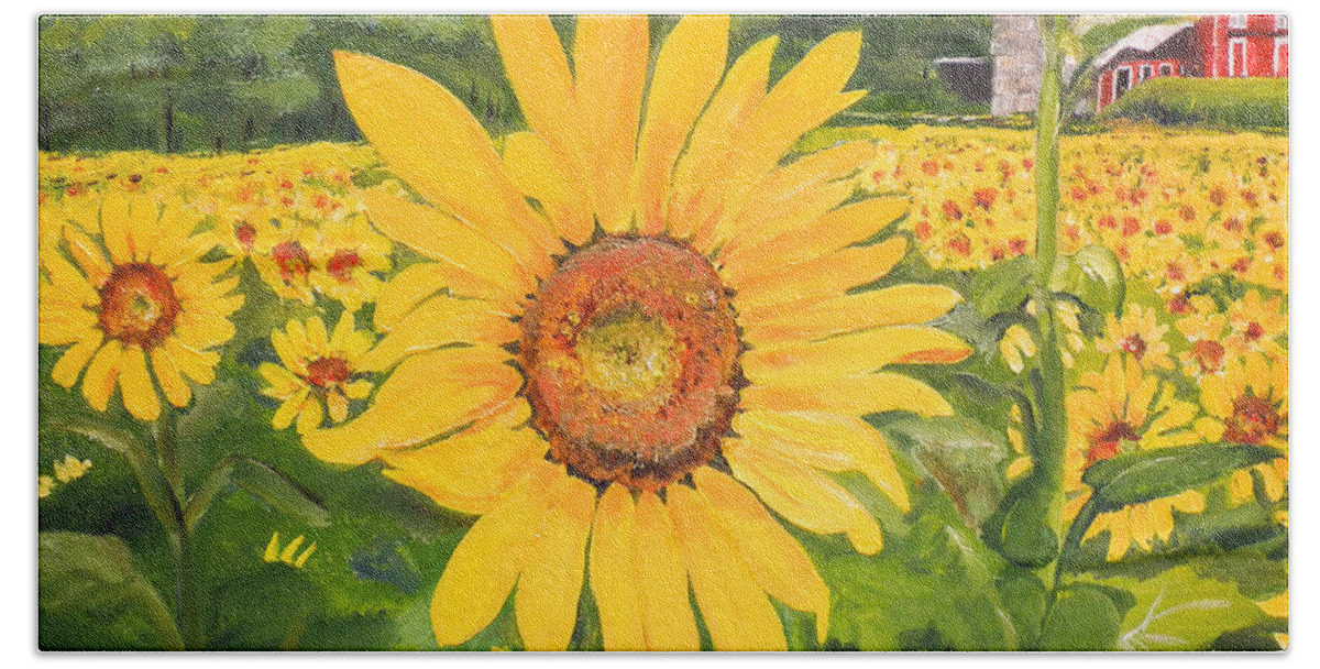 Sunflower Beach Sheet featuring the painting Sunflowers - Red Barn - Pennsylvania by Jan Dappen