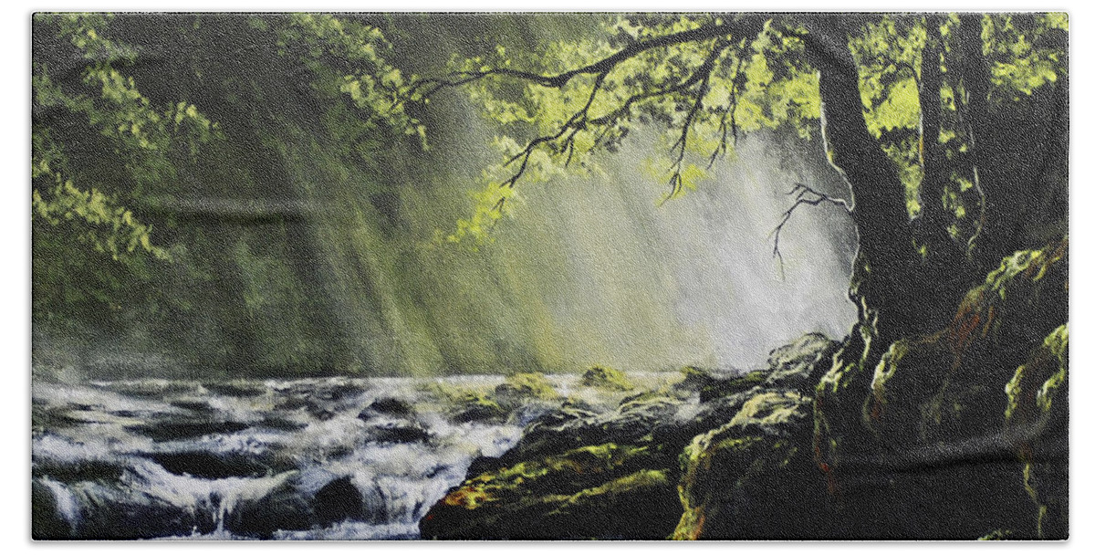 Waterfall Beach Towel featuring the painting Sunlit Dream by Marco Aguilar