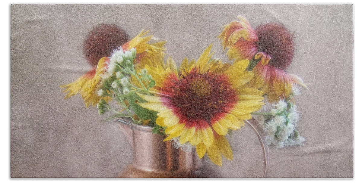 Gazania Beach Sheet featuring the photograph Sunny Treasure Flowers in a Copper Jug by Louise Kumpf