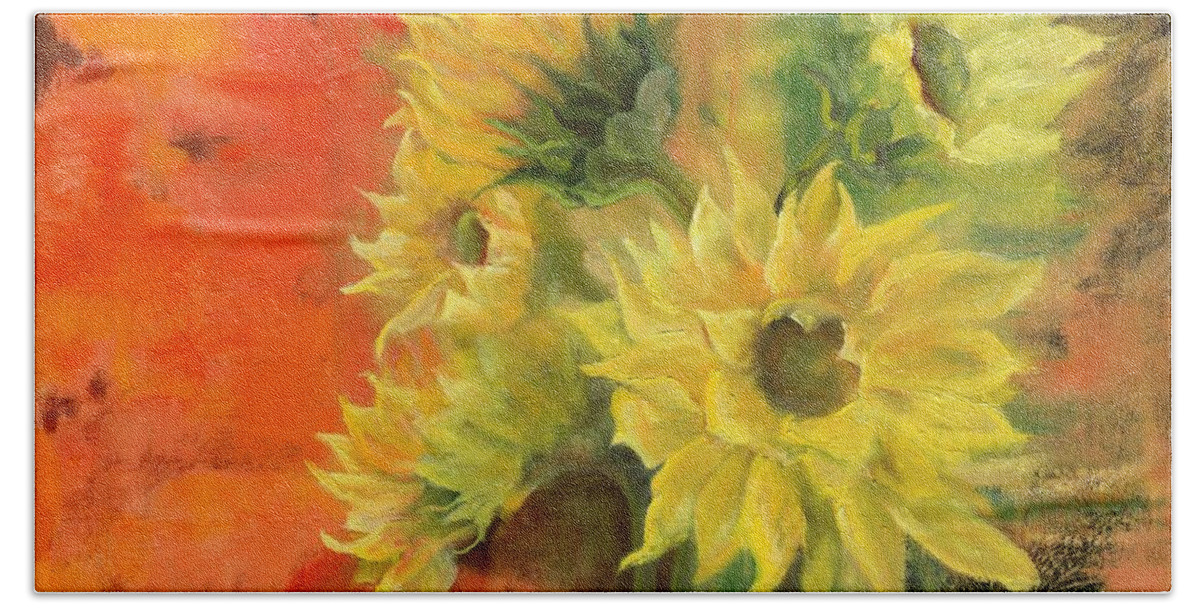 Sunflowers Beach Towel featuring the painting Sunny by Marlene Book