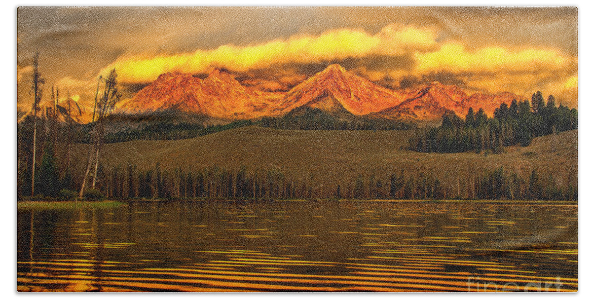 Rocky Mountains Beach Towel featuring the photograph Sunrise On Little Redfish Lake by Robert Bales