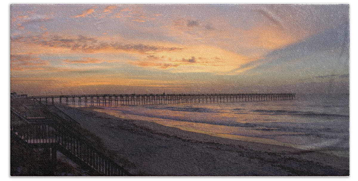 Fishing Pier Beach Towel featuring the photograph Sunrise on Topsail Island Panoramic by Mike McGlothlen