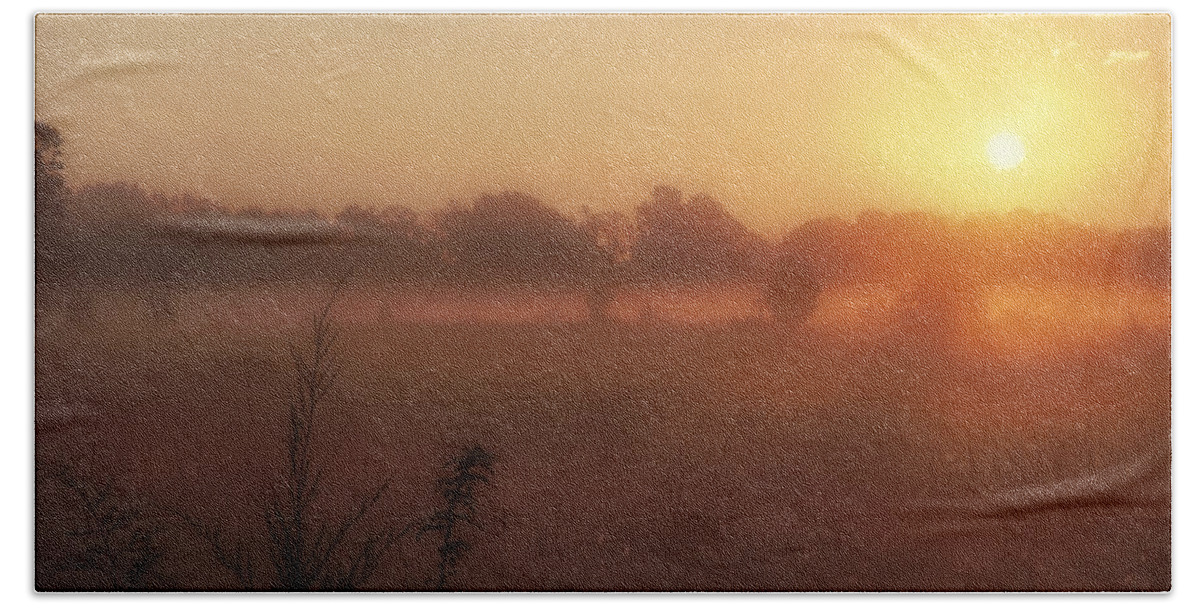 Sunrise Beach Towel featuring the photograph Sunrise over Foggy Pastures by Jason Politte