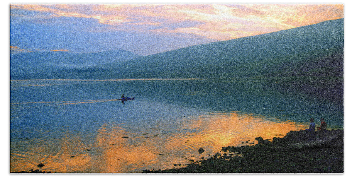 Sunset Canoe On Loch Linnhe Beach Towel featuring the photograph Sunset Canoe by Gordon James