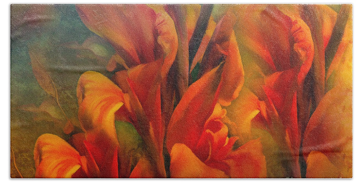 Flora Beach Towel featuring the painting Sunset Flowers  Canna Pretoria flowers by Elaine Manley
