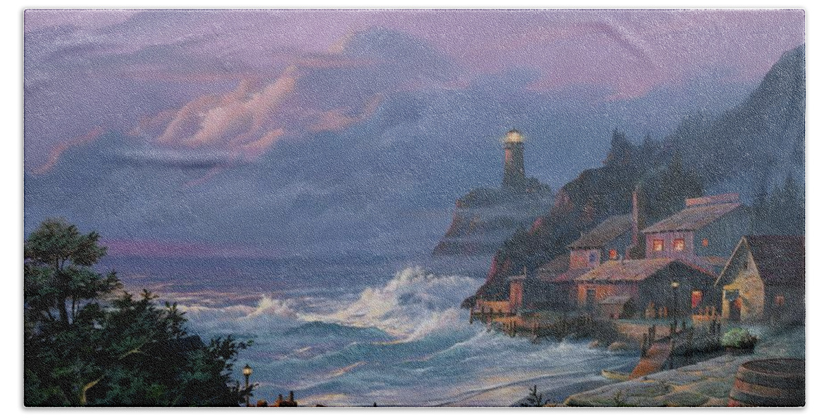 Lighthouse Beach Towel featuring the painting Sunset Fog by Michael Humphries