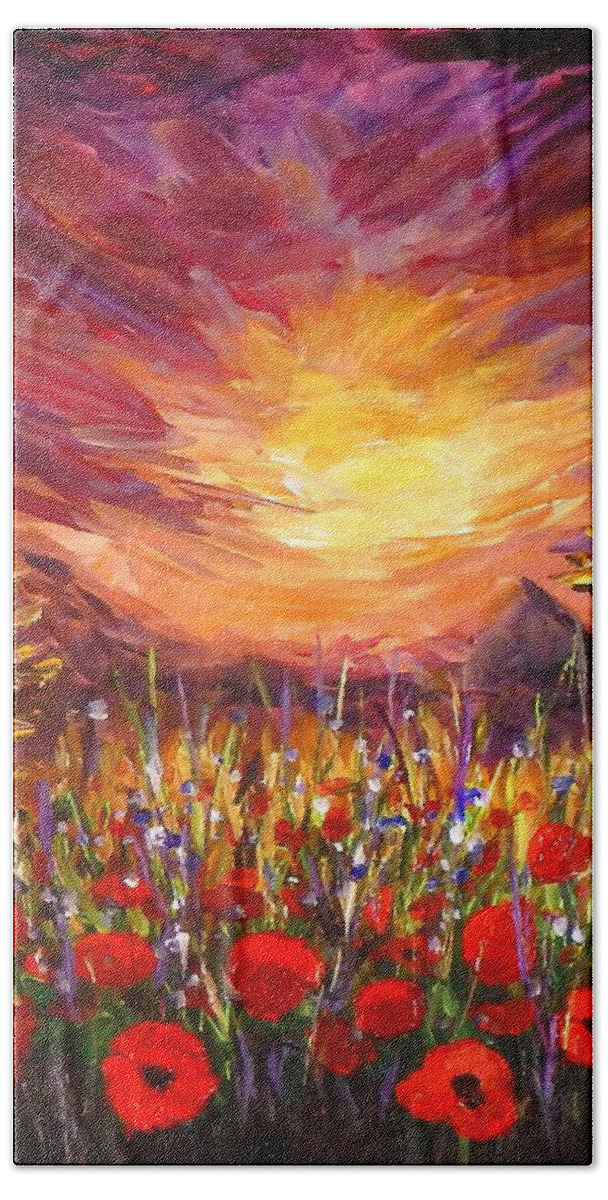 Original Art Beach Towel featuring the painting Sunset in Poppy Valley by Lilia D