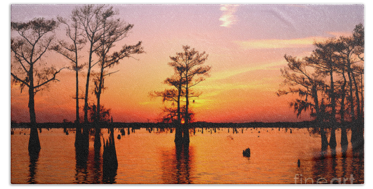 Water Beach Towel featuring the photograph Sunset Lake in Louisiana by Benedict Heekwan Yang