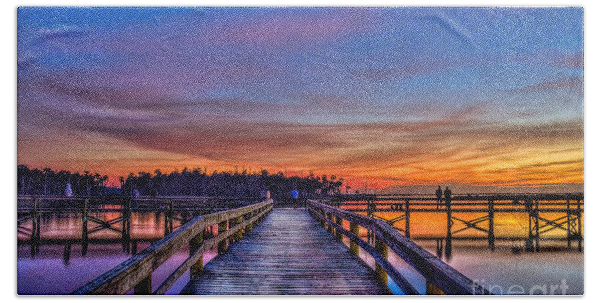 Fishing Pier Beach Towel featuring the photograph Sunset Pier Fishing by Marvin Spates