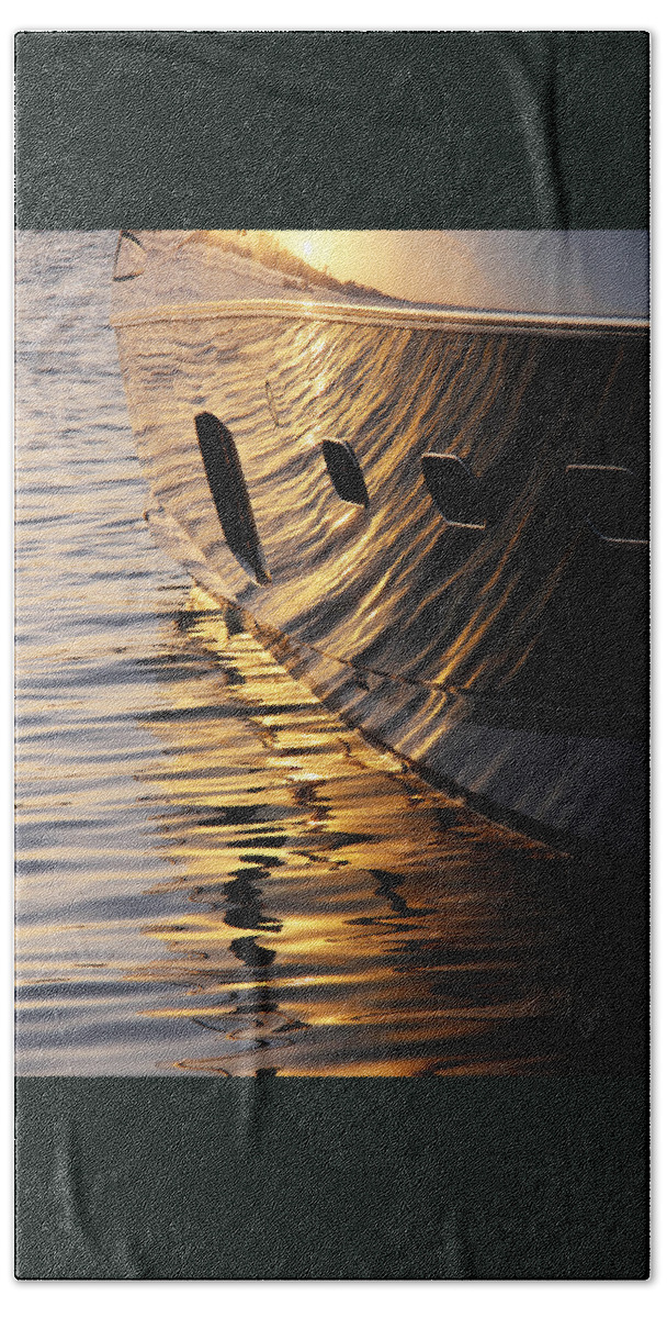 Nautical Beach Towel featuring the photograph Sunset Reflections With Boat No 1 by Ben and Raisa Gertsberg