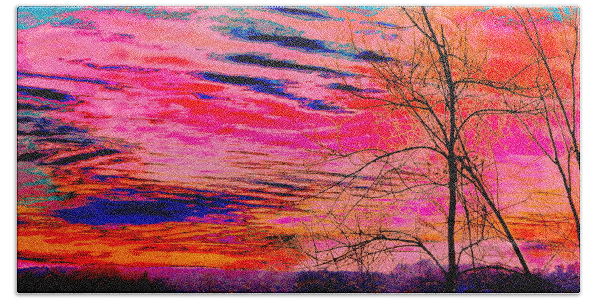 Landscape Below A Brilliant Sunset Sky Above A River Color Manipulated Digitally Colorful Contemporary Beach Towel featuring the digital art Sunset Sky Waterville by Priscilla Batzell Expressionist Art Studio Gallery