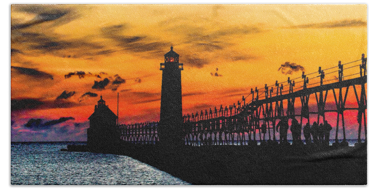Beach Beach Sheet featuring the photograph Sunset walking on Grand Haven Pier by Nick Zelinsky Jr