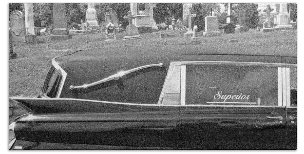 Superior Hearse Laurel Hill Cemetary Philadelphia Pa Car Show Black White Beach Towel featuring the photograph Superior by Alice Gipson