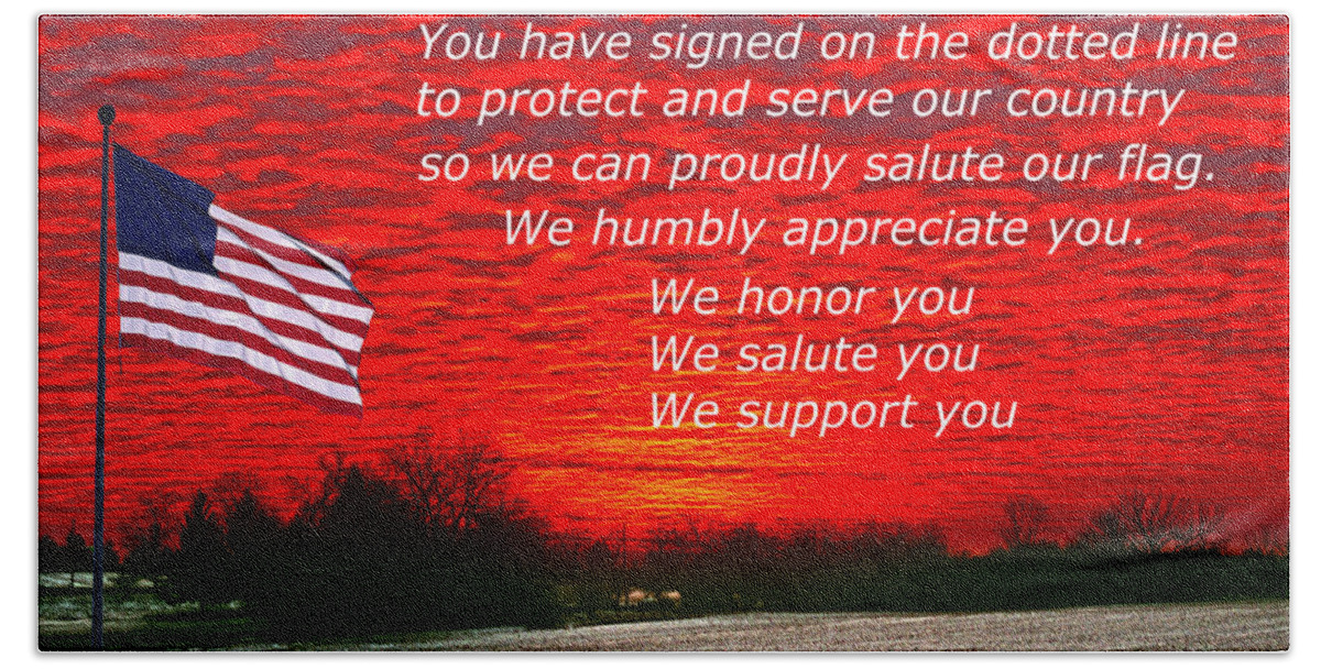 Support Our Troops Beach Sheet featuring the photograph Support OUR Troops flag red sky by Randall Branham