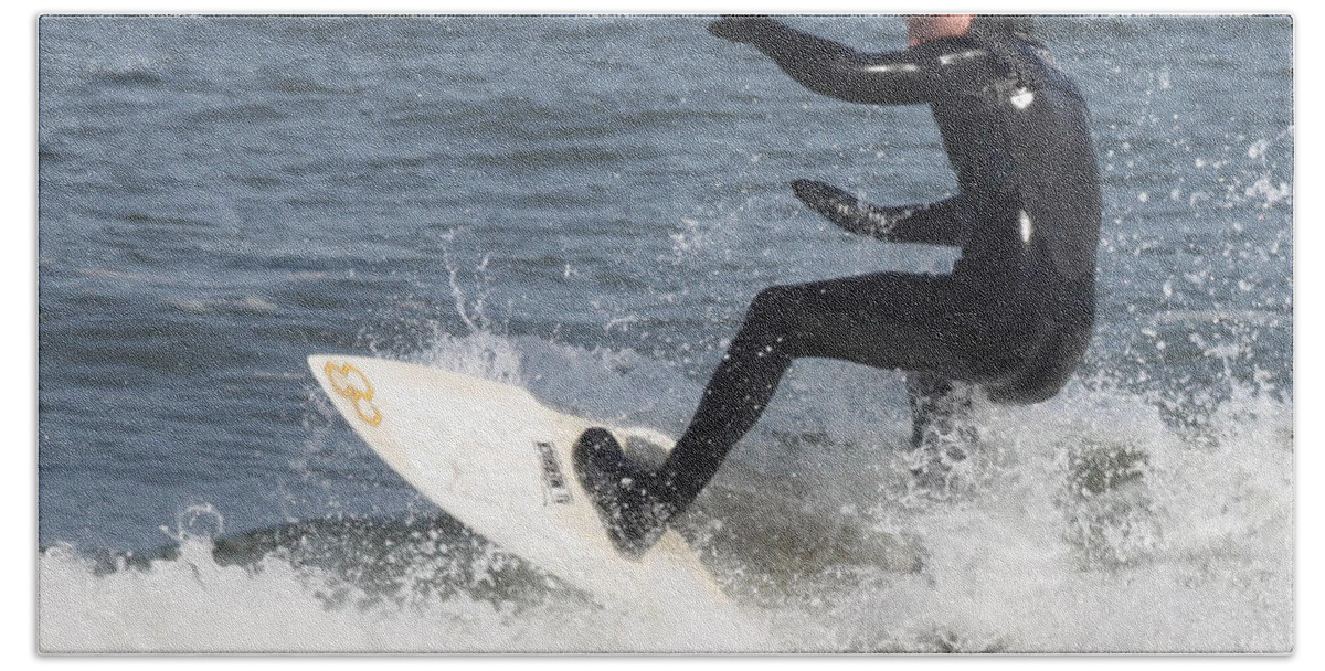 Surfer On White Water Beach Towel featuring the photograph Surfer on White Water by John Telfer