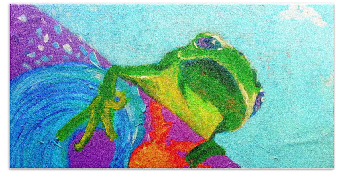 Frog Surfboard Surf-board Surf Board Colorful Whimsical Quirky Decorative Colourful Bright Vibrant Acrylic Acrylics Painting Pretty Unique Style Bold Brush Strokes Heart-warming Cute Child's-room Childs Child's Room Vivid Drawing Sketch Loose Distinctive Funny Fun Cheerful Brighten Pink Blue Green Purple Beach Waves Sea Ocean Surfing Living-room Bedroom Summer Spring Fall Autumn Black White Sun Sunny Summery Froggy Froggie Faa Sojisch Clear Sky Skies Blue-sky Wispy White Clouds Beach Towel featuring the painting Surfing Froggie by Sue Jacobi