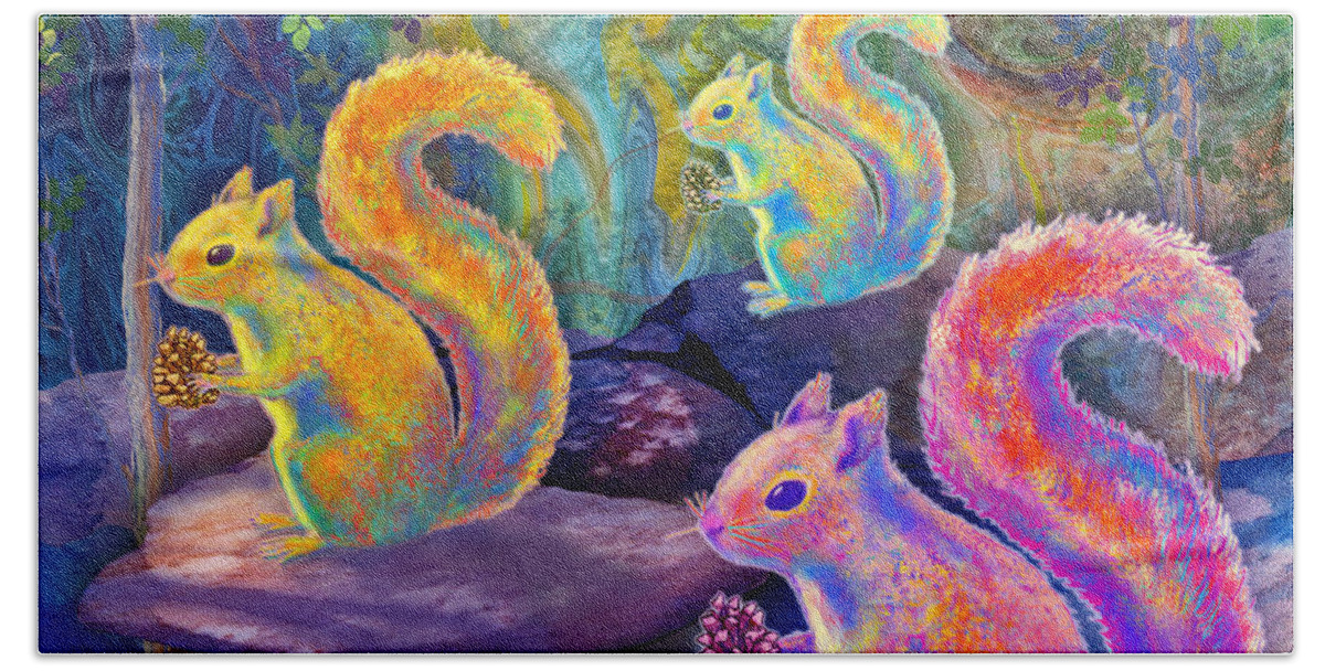 Surreal Squirrels In Square Beach Towel featuring the painting Surreal Squirrels in Square by Teresa Ascone