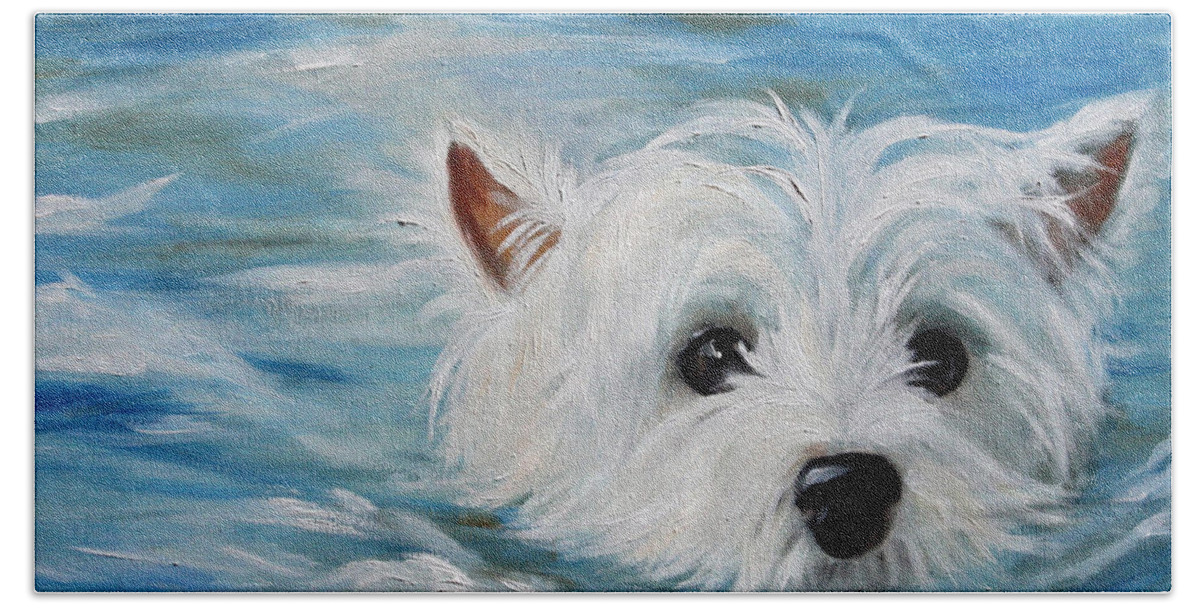 Westie Beach Towel featuring the painting Swimmer by Mary Sparrow