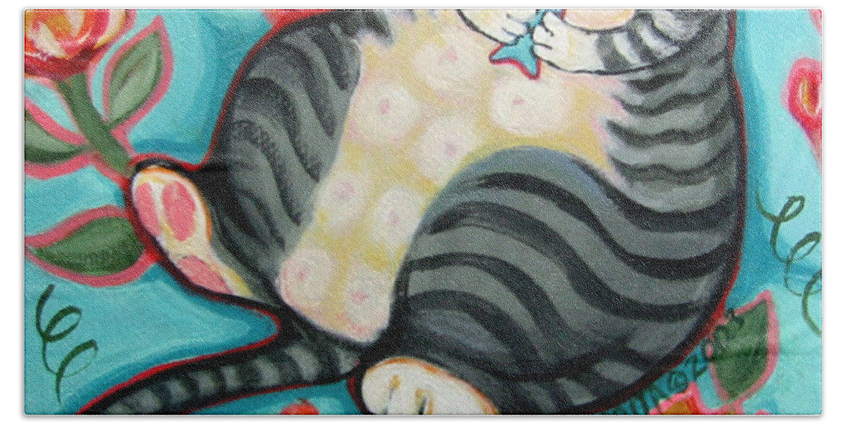 Rebecca Korpita Beach Towel featuring the painting Tabby Cat on a Cushion by Rebecca Korpita
