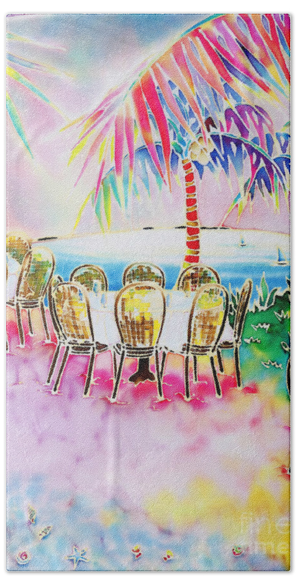 Dinner Beach Towel featuring the painting Tables on the beach by Hisayo OHTA