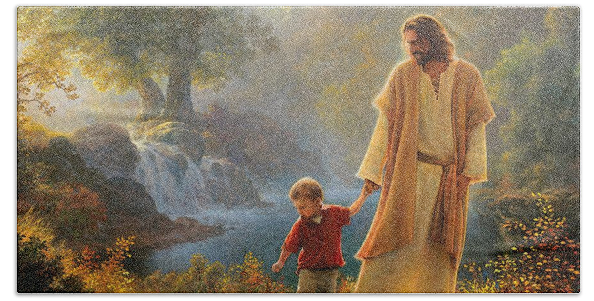 Jesus Beach Towel featuring the painting Take My Hand by Greg Olsen