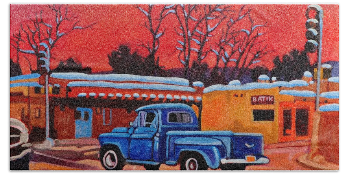 Old Beach Towel featuring the painting Taos Blue Truck at Dusk by Art West