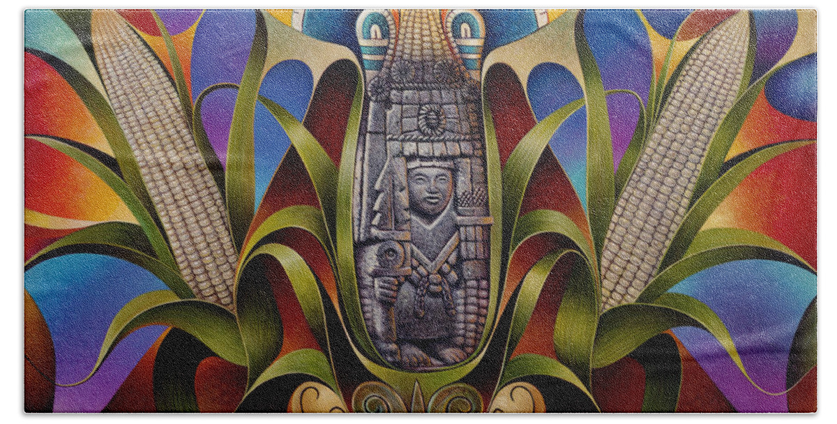 Aztec Beach Towel featuring the painting Tapestry of Gods - Chicomecoatl by Ricardo Chavez-Mendez