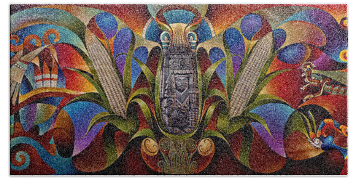 Aztec Beach Towel featuring the painting Tapestry of Gods by Ricardo Chavez-Mendez