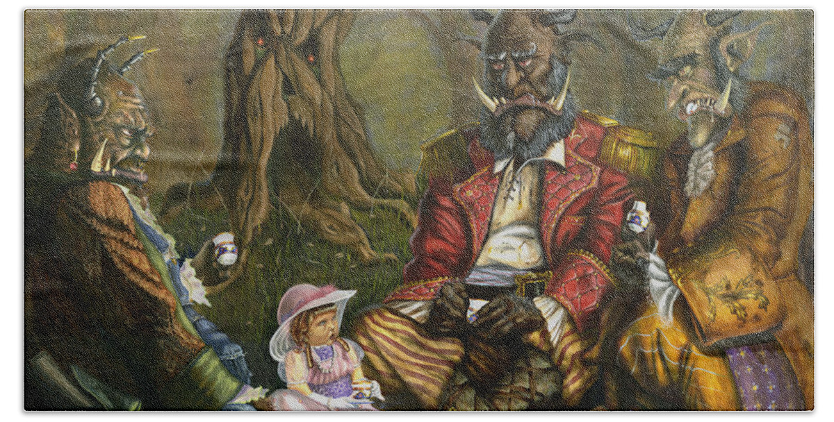 Tea Party Beach Sheet featuring the painting Tea with the Ogres by Jeff Brimley