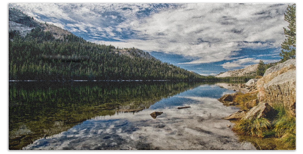 Water Lake Reflection Mountains Yosemite National Park Sierra Nevada Landscape Scenic Nature California Sky Clouds Cloudy Day Rocks Trees Forest Grass Green Beach Sheet featuring the photograph Tenaya Lake Reflections by Cat Connor