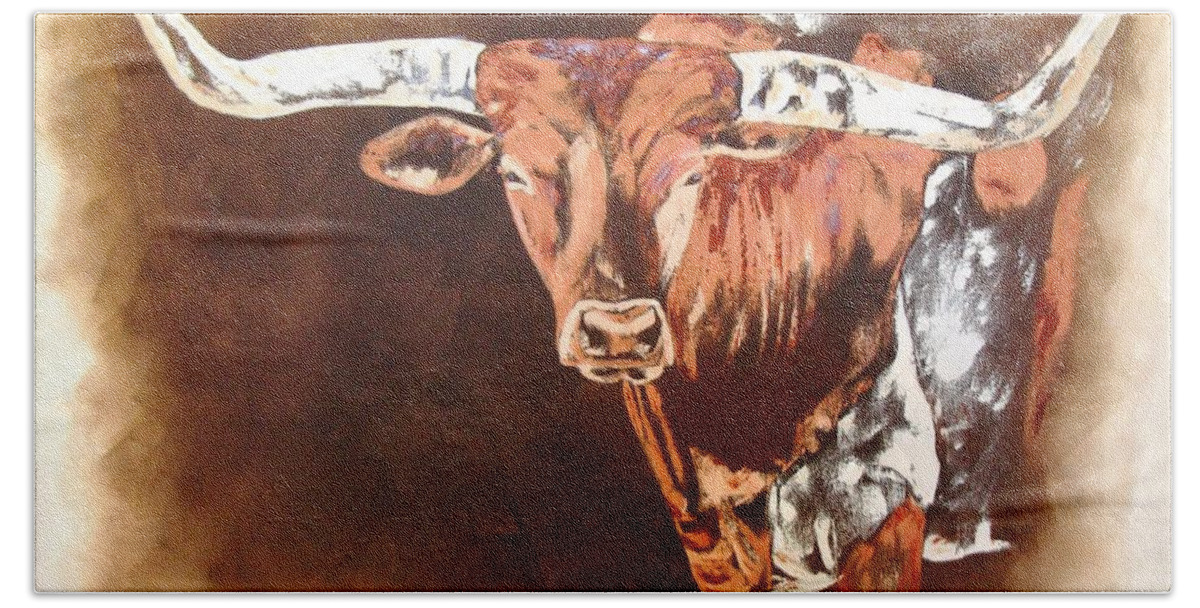 Texas Beach Towel featuring the painting Texas Longhorn by Sunel De Lange