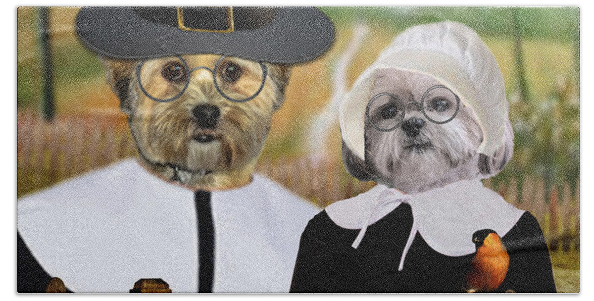 Canine Thanksgiving Beach Sheet featuring the digital art Thanksgiving From The Dogs by Kathy Tarochione