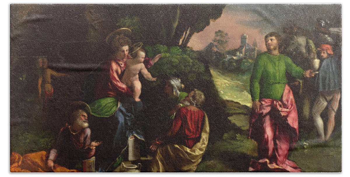 Dosso Dossi Beach Towel featuring the painting The Adoration of the Kings by Dosso Dossi